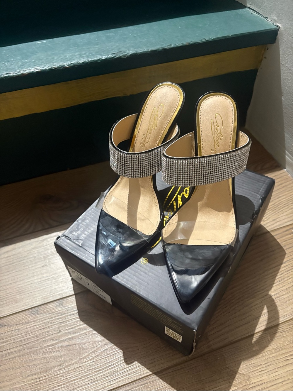 Pointed Black Slip-On Heels with Rhinestone Strap